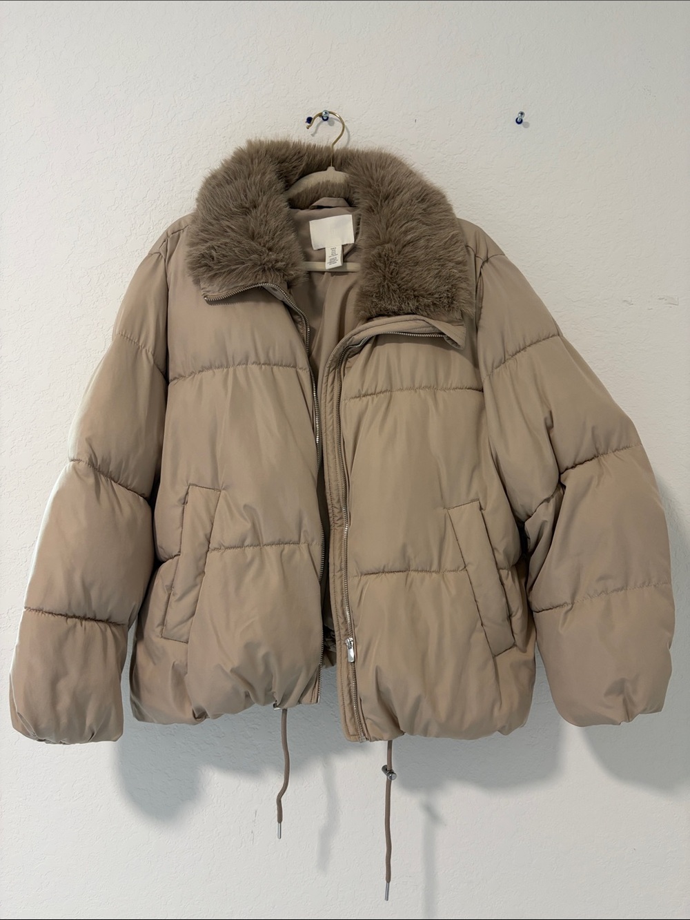 H&M Taupe Puffer Jacket with Faux Fur Collar